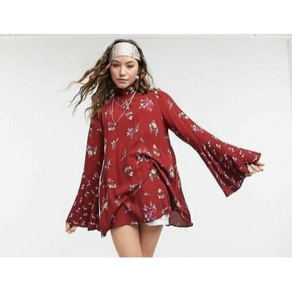 Free People NWT $128 S Tate Tunic in Dark Red Vintage Floral Combo